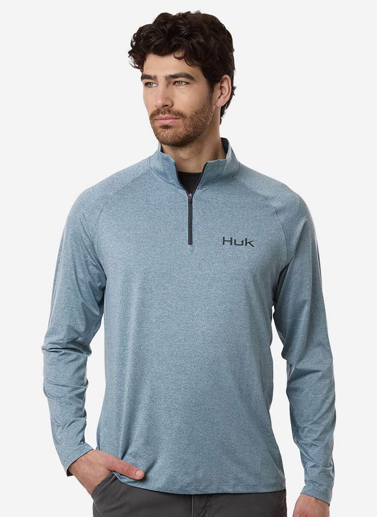 HUK Men's Airweight Heather Quarter-Zip - Cyan LG