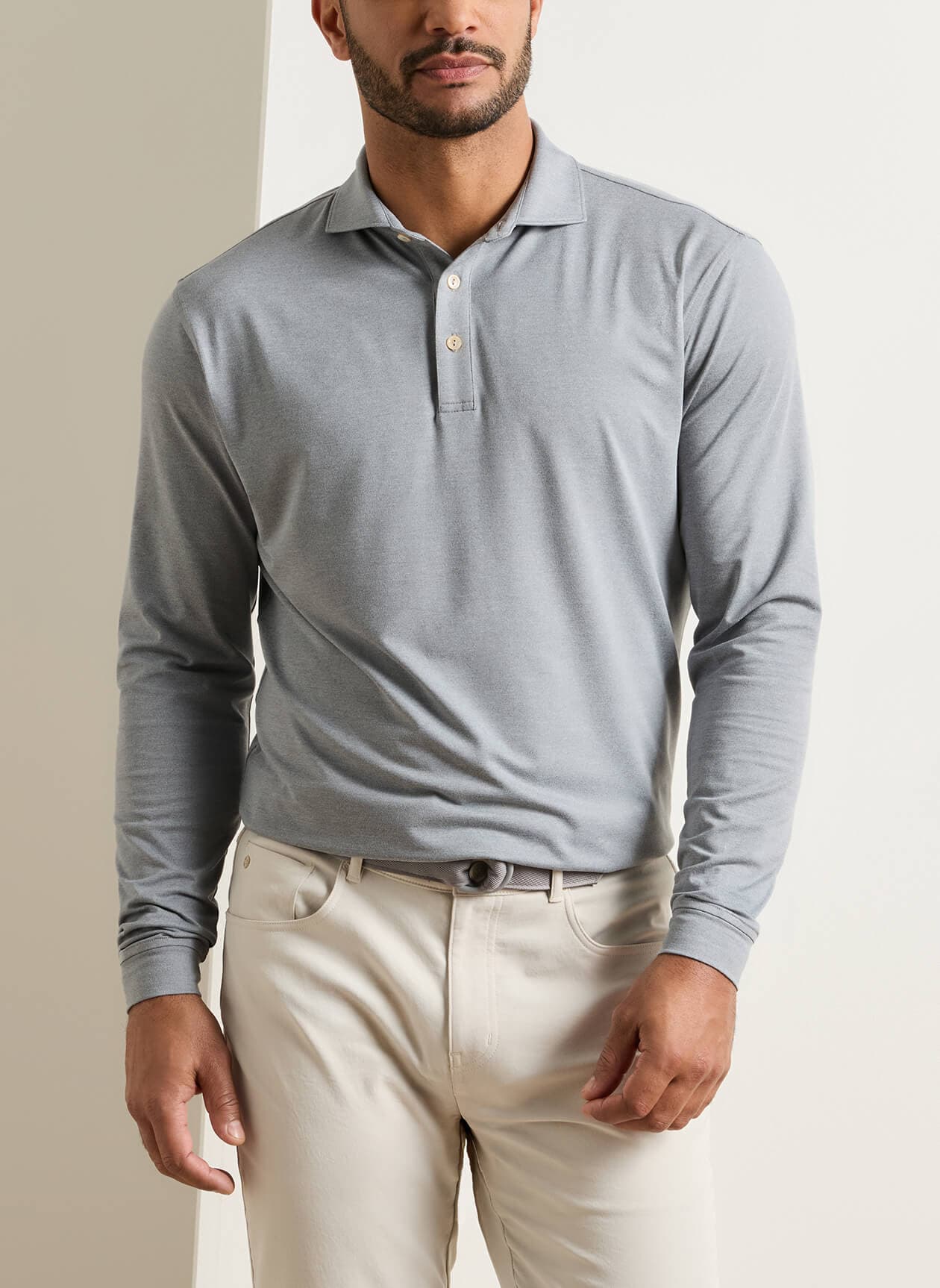 Peter Millar Men's Lyons Performance Jersey Long-Sleeve Polo - F26 - Light Grey 3XL