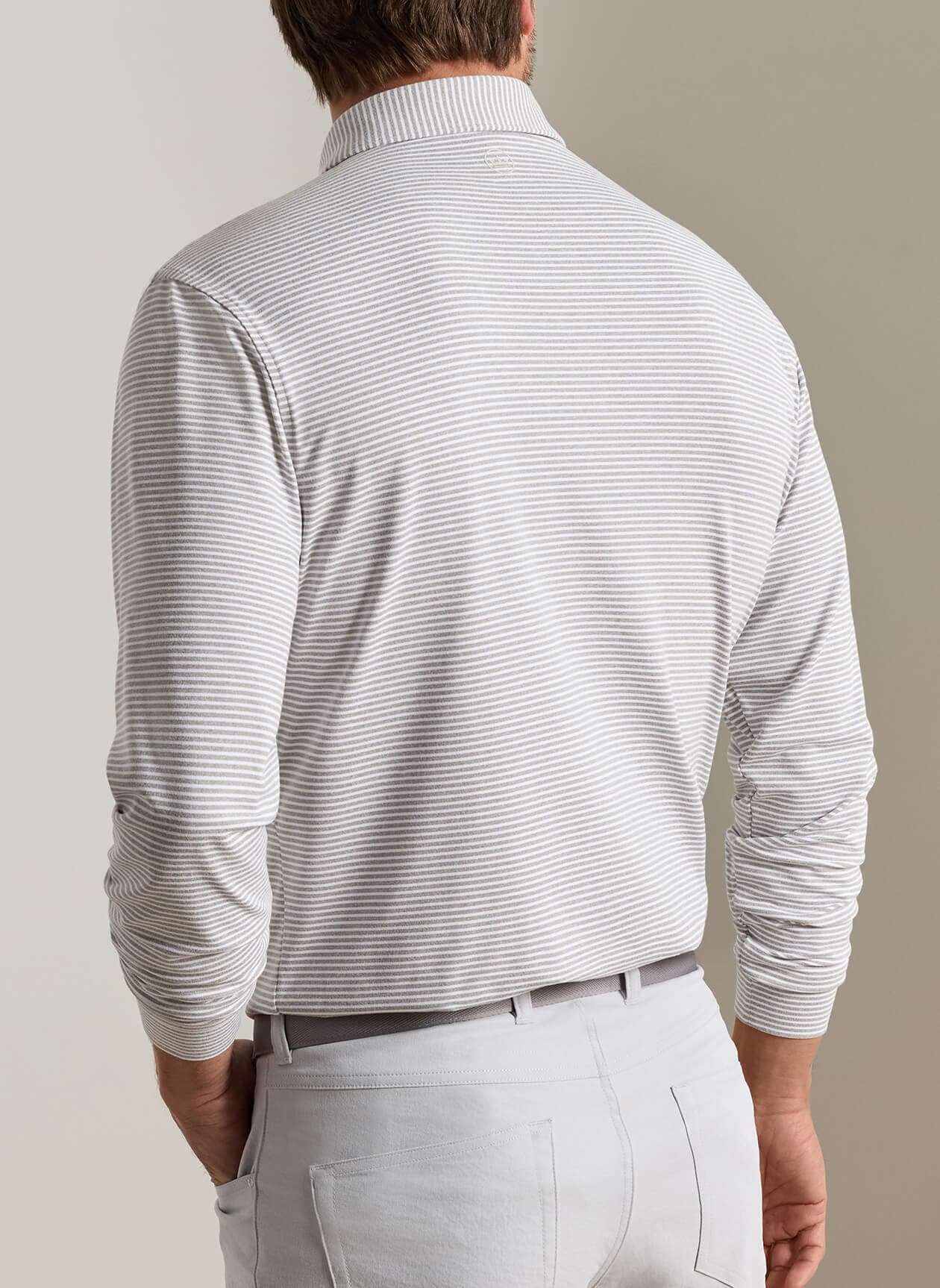 Peter Millar Men's Lyons Stripe Performance Jersey Long-Sleeve Polo - Light Grey 3XL
