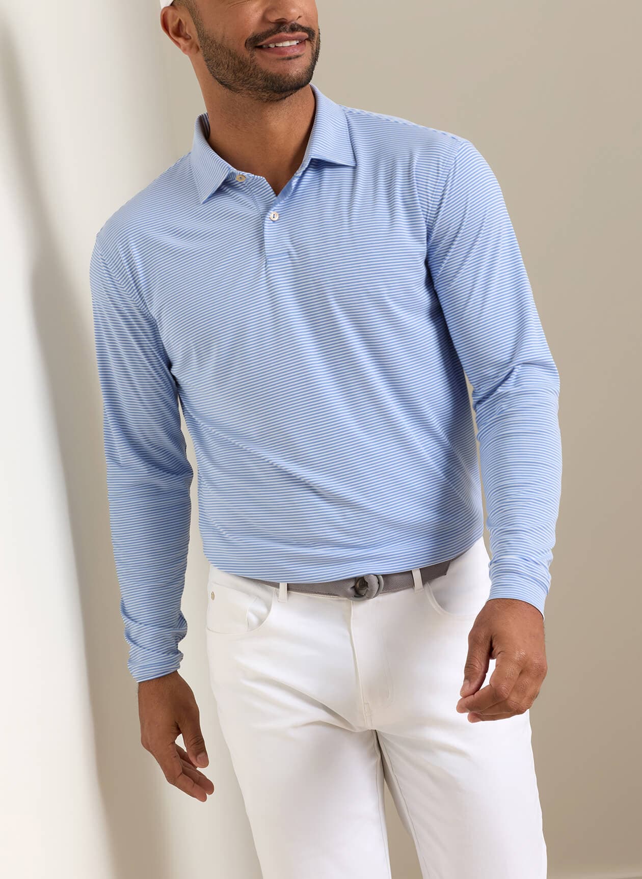 Peter Millar Men's Featherweight Market Stripe Long-Sleeve Performance Polo - F26 - Blue 3XL