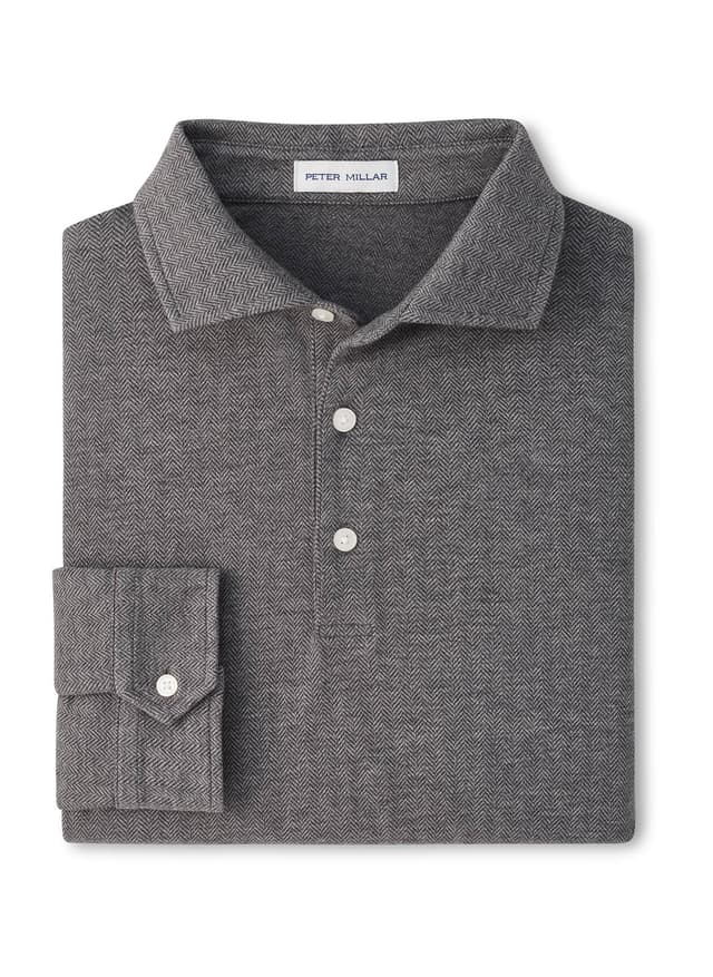 Peter Millar Men's Herringbone Long Sleeve Polo - Dark Grey 3XL