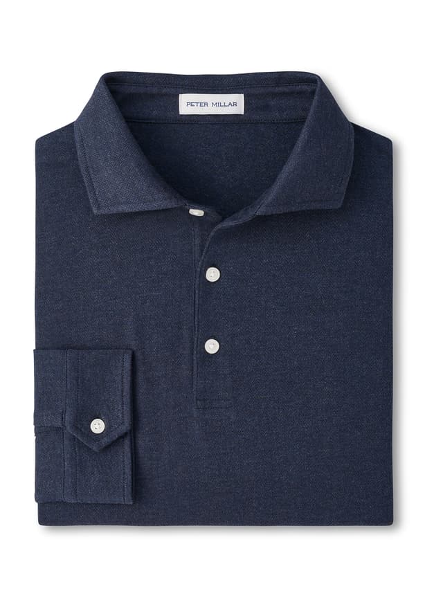 Peter Millar Men's Herringbone Long Sleeve Polo - Navy 3XL