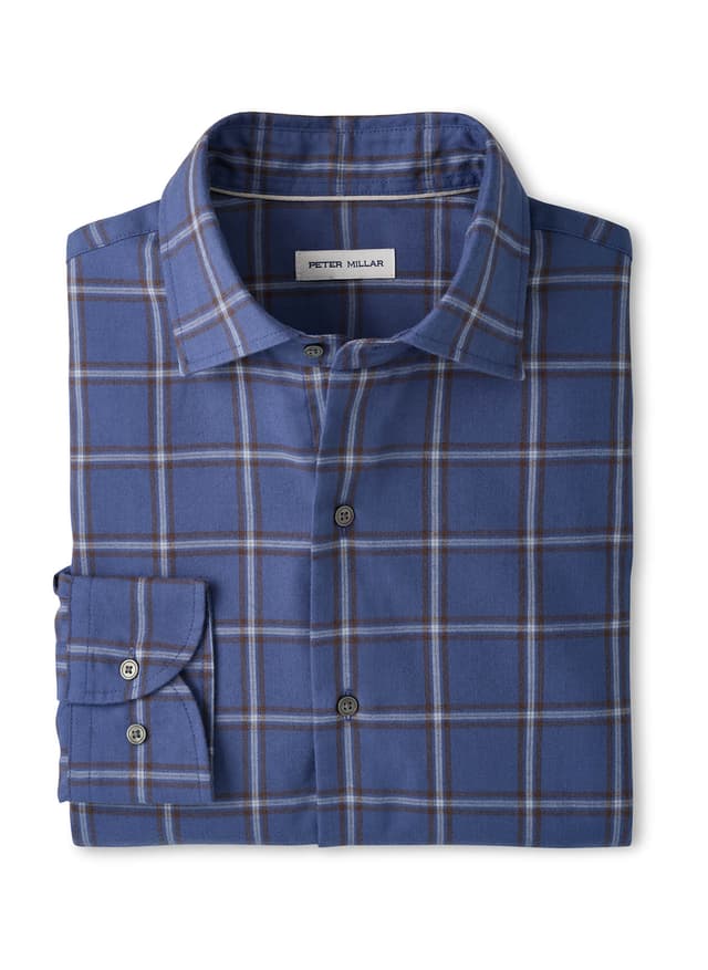 Peter Millar Men's Preston Performance Flannel Sport Shirt - Blue 3XL
