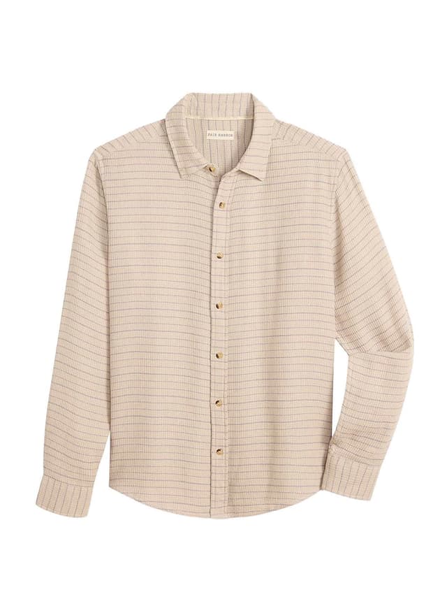 Fair Harbor Men's Oasis Long Sleeve Button Up - Beachwood Waffle Stripe LG